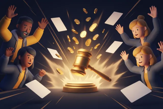 A golden gavel coming down over a card while friends raise their hands