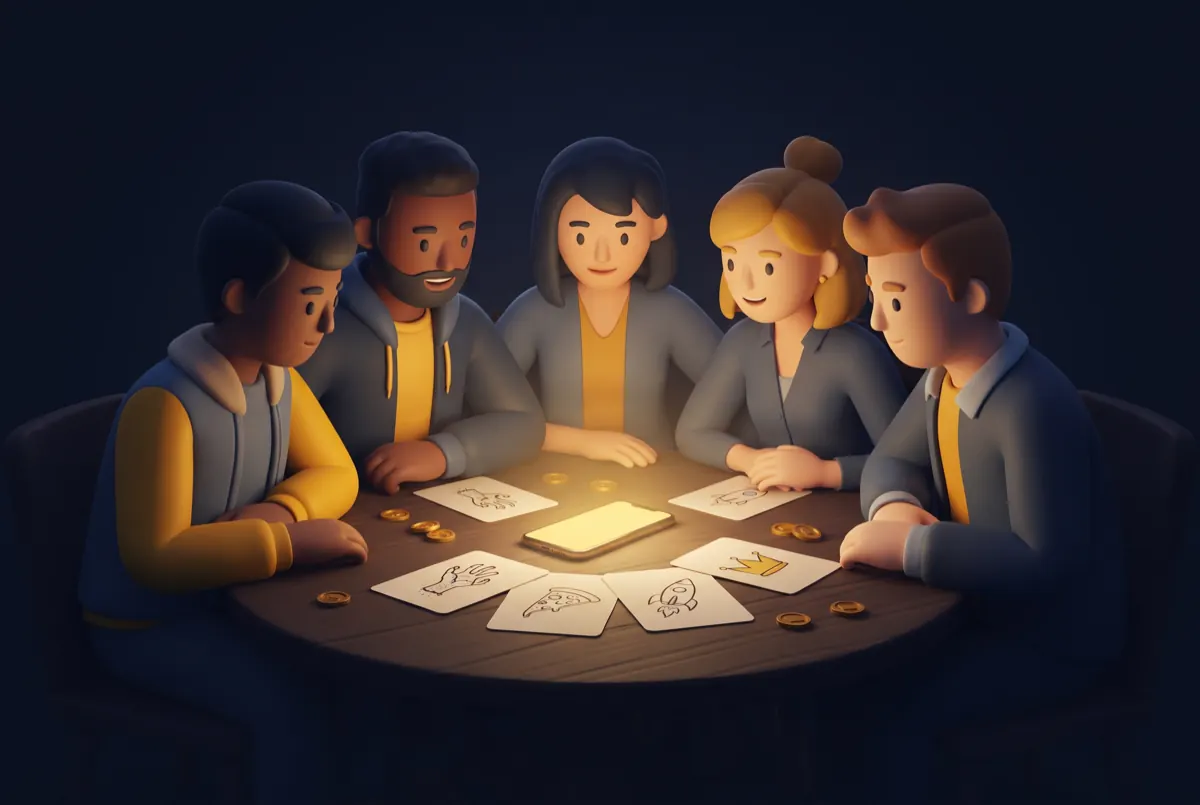 Five friends around a dark table with cards, coins and a glowing phone in the middle
